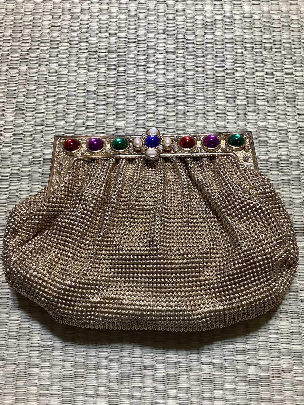 Whiting and Davis Gold Mesh Clutch Bag Gold Jeweled Evening Clutch